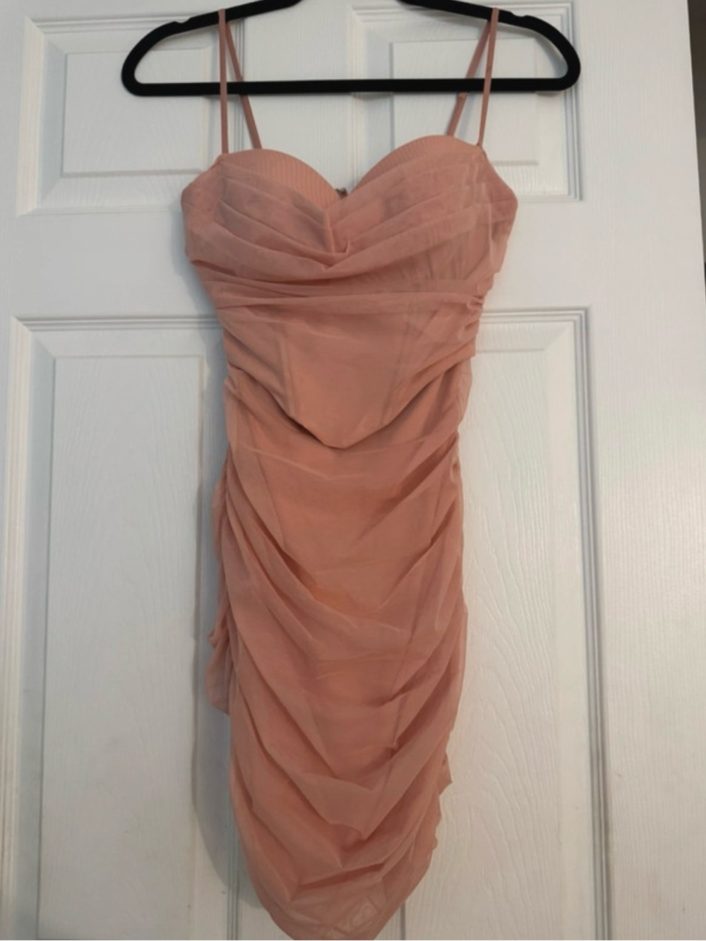 Oh Polly Peach Ruched Spaghetti-Strap Mini Dress